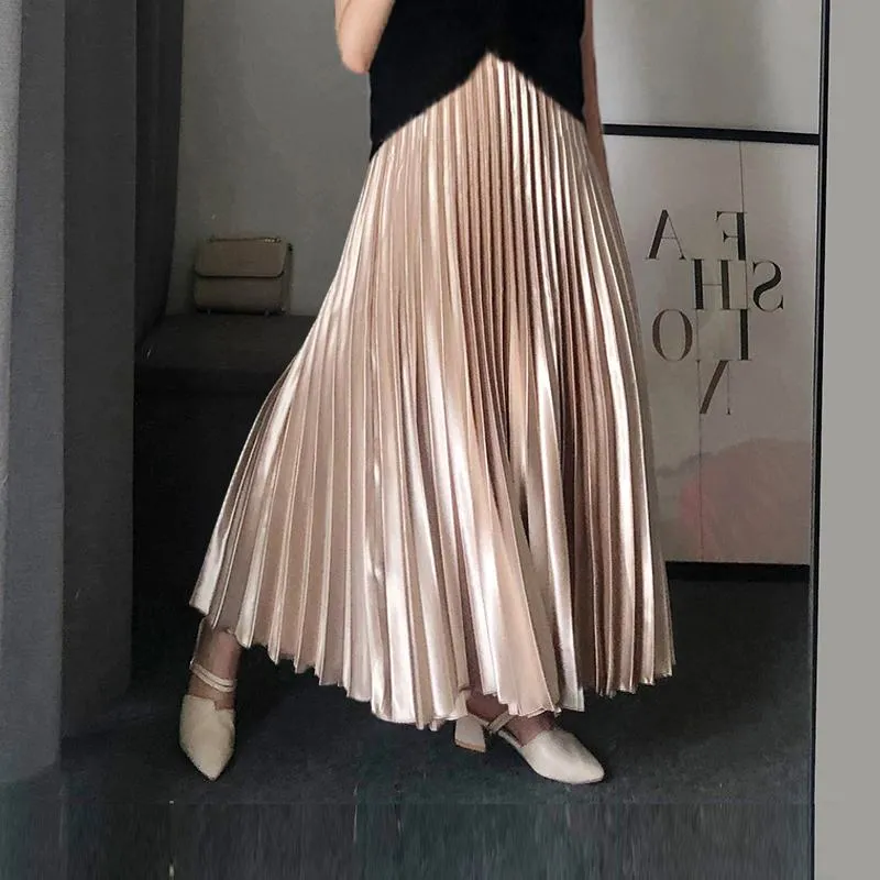 Accordion Pleat Skirt Solid Versatile Satin Skirt