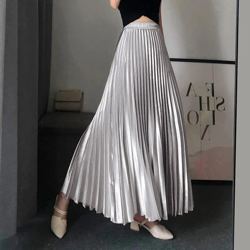 Accordion Pleat Skirt Solid Versatile Satin Skirt