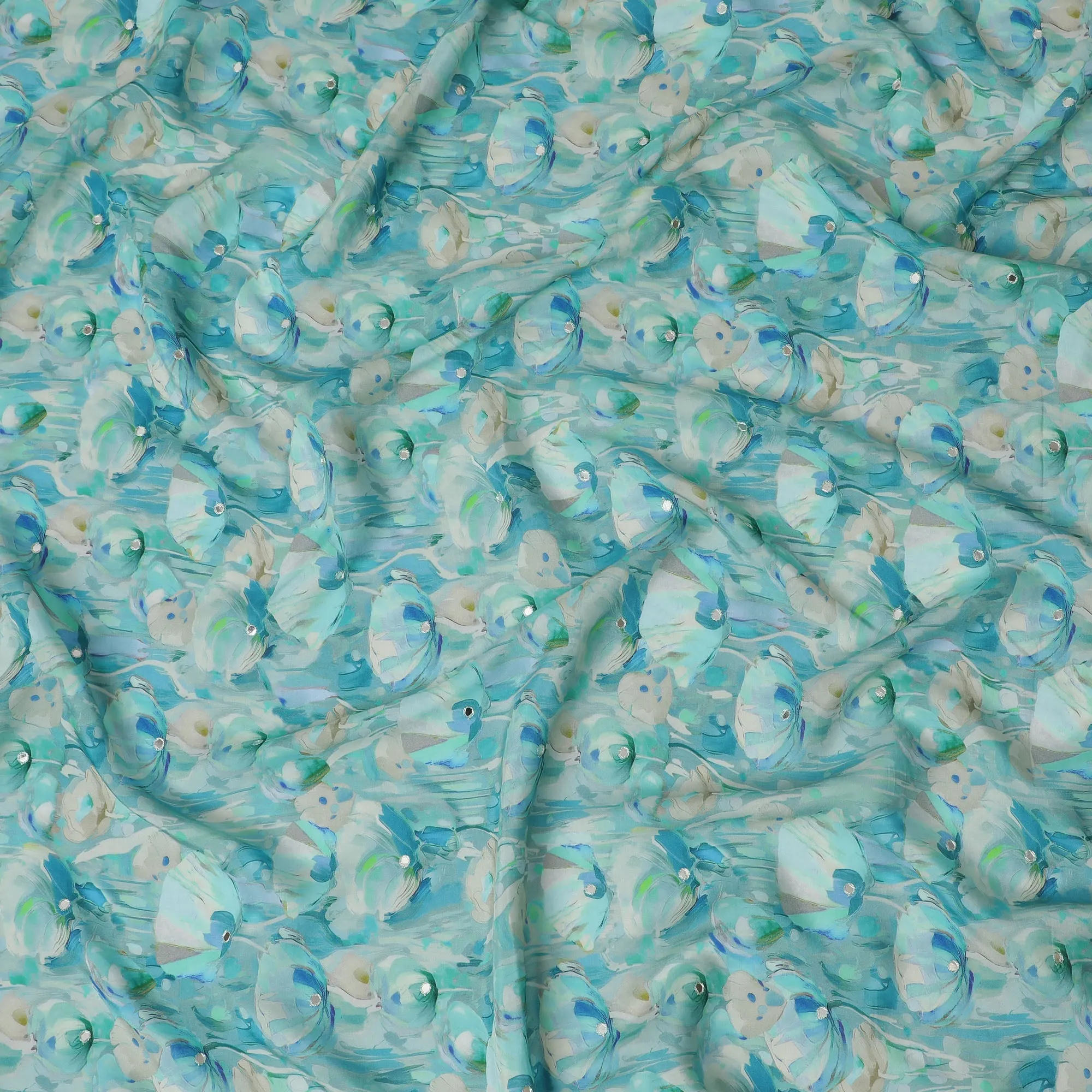 Aqua Blue and White Floral Viscose Crepe Printed Fabric - 110 cm Wide-D20011