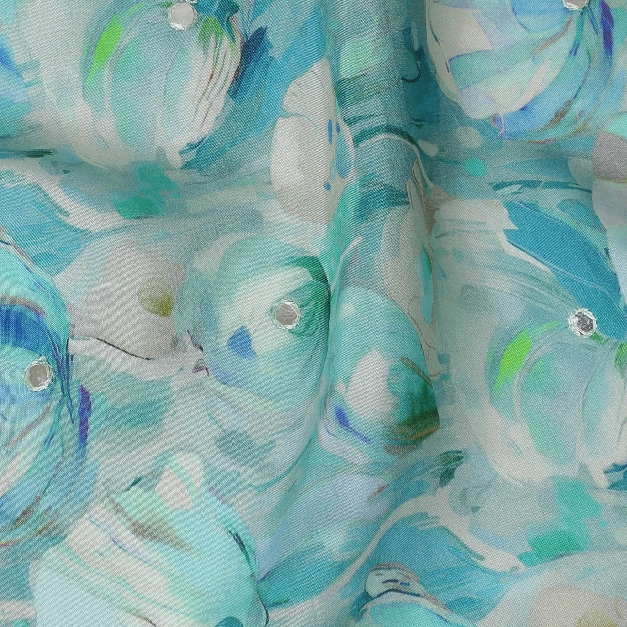 Aqua Blue and White Floral Viscose Crepe Printed Fabric - 110 cm Wide-D20011