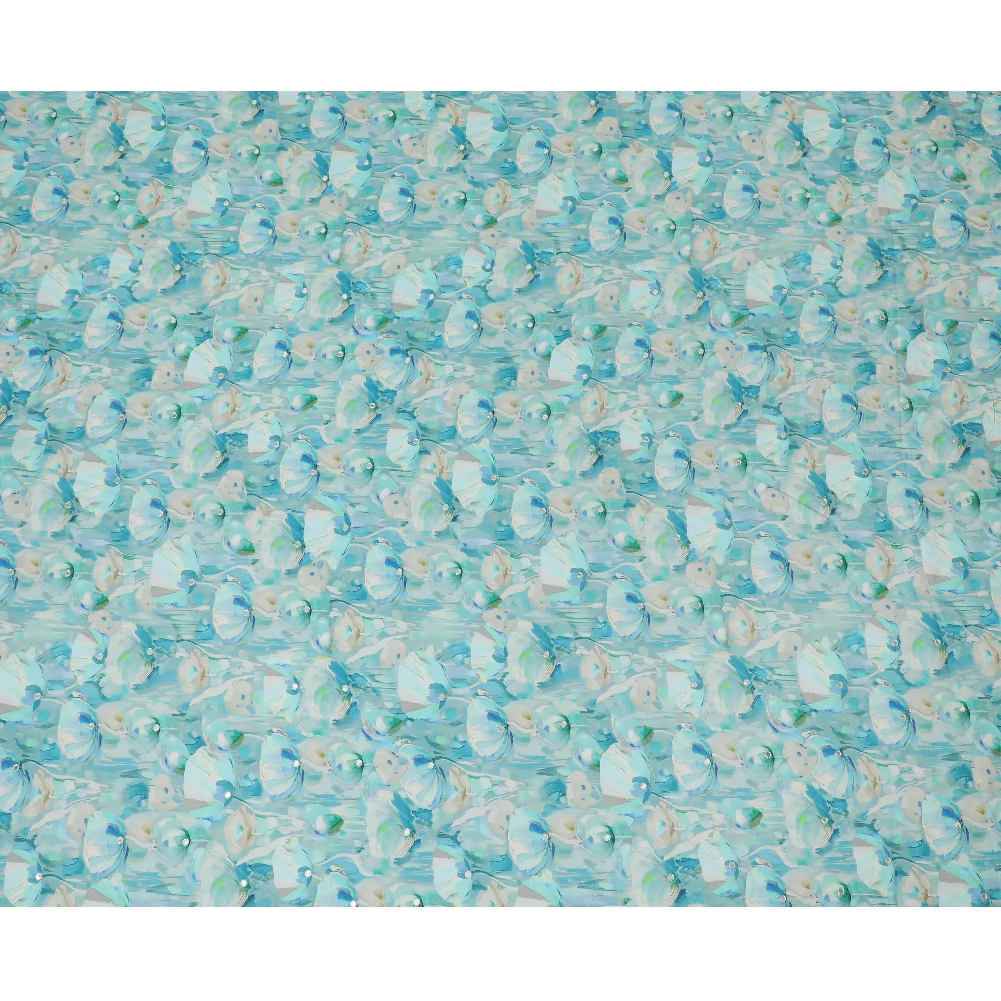 Aqua Blue and White Floral Viscose Crepe Printed Fabric - 110 cm Wide-D20011