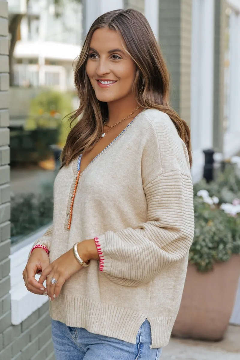 Beige Contrast Half Button Up Sweater - FINAL SALE