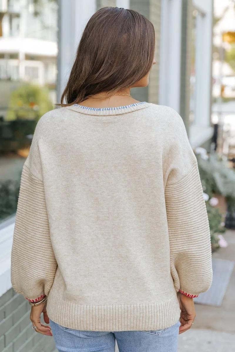 Beige Contrast Half Button Up Sweater - FINAL SALE