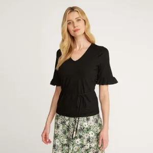 Black 1/2 Sleeve V-Neck Chiffon Frill Top