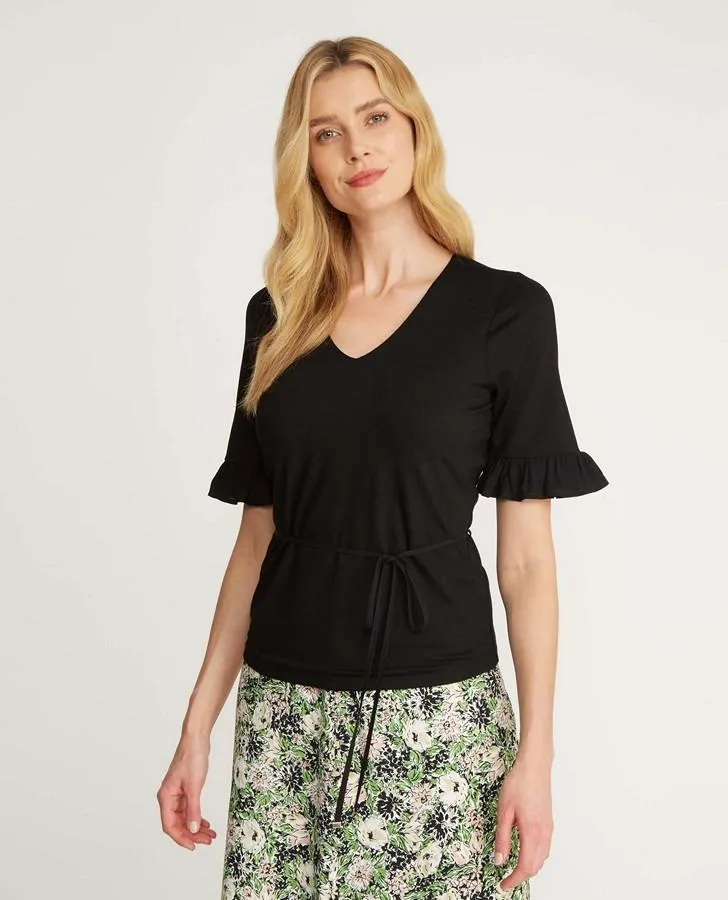 Black 1/2 Sleeve V-Neck Chiffon Frill Top