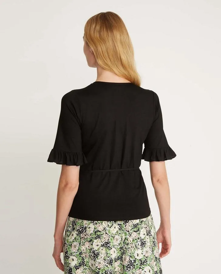 Black 1/2 Sleeve V-Neck Chiffon Frill Top