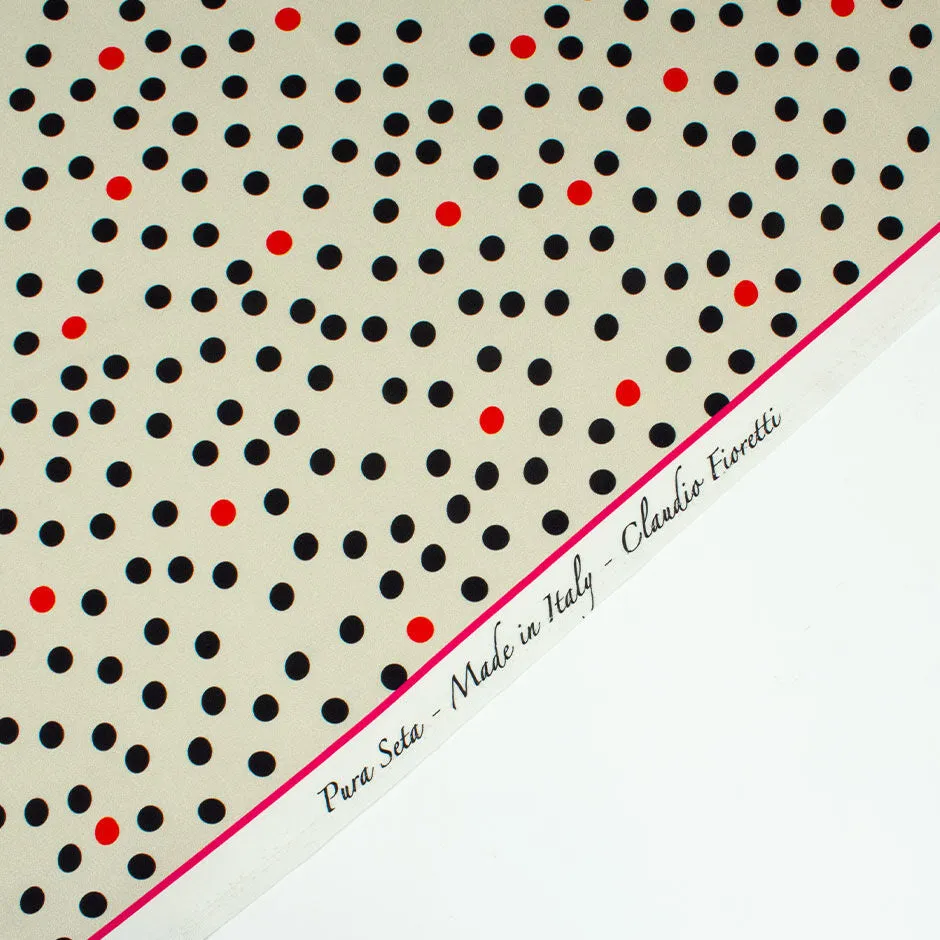 Black & Red Spotted Beige Stretch Silk Crêpe