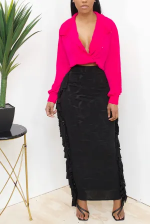 Black floral print Long Fringe Skirt- FINAL SALE