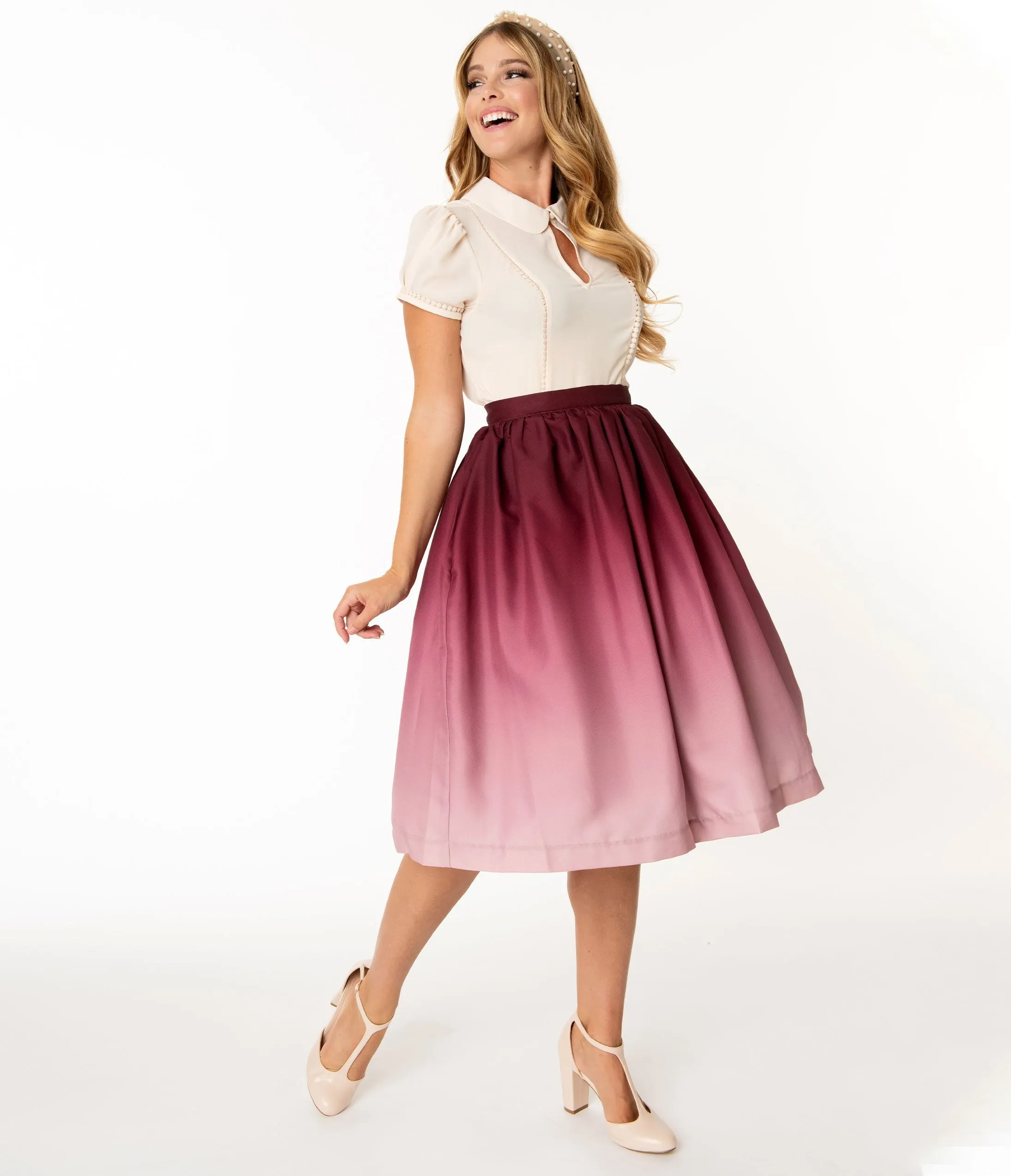 Burgundy Ombre Gathered Swing Skirt