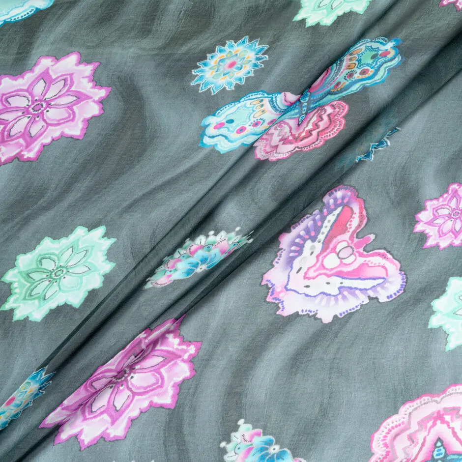 Butterfly & Floral Printed Dark Grey Silk Georgette