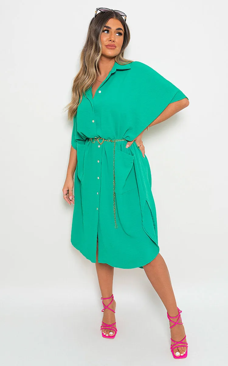 Button Down Collared Midi Dress with Front Pockets