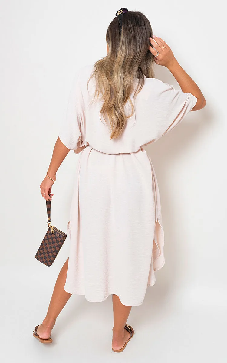 Button Down Collared Midi Dress with Front Pockets