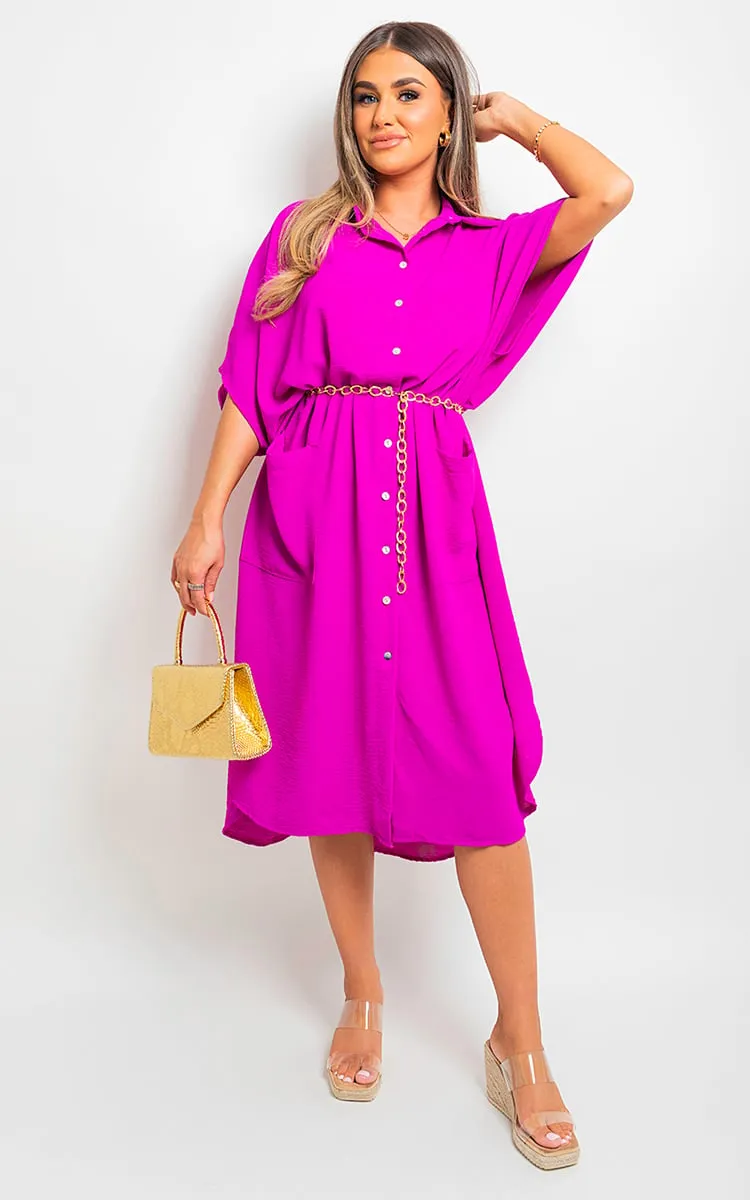 Button Down Collared Midi Dress with Front Pockets