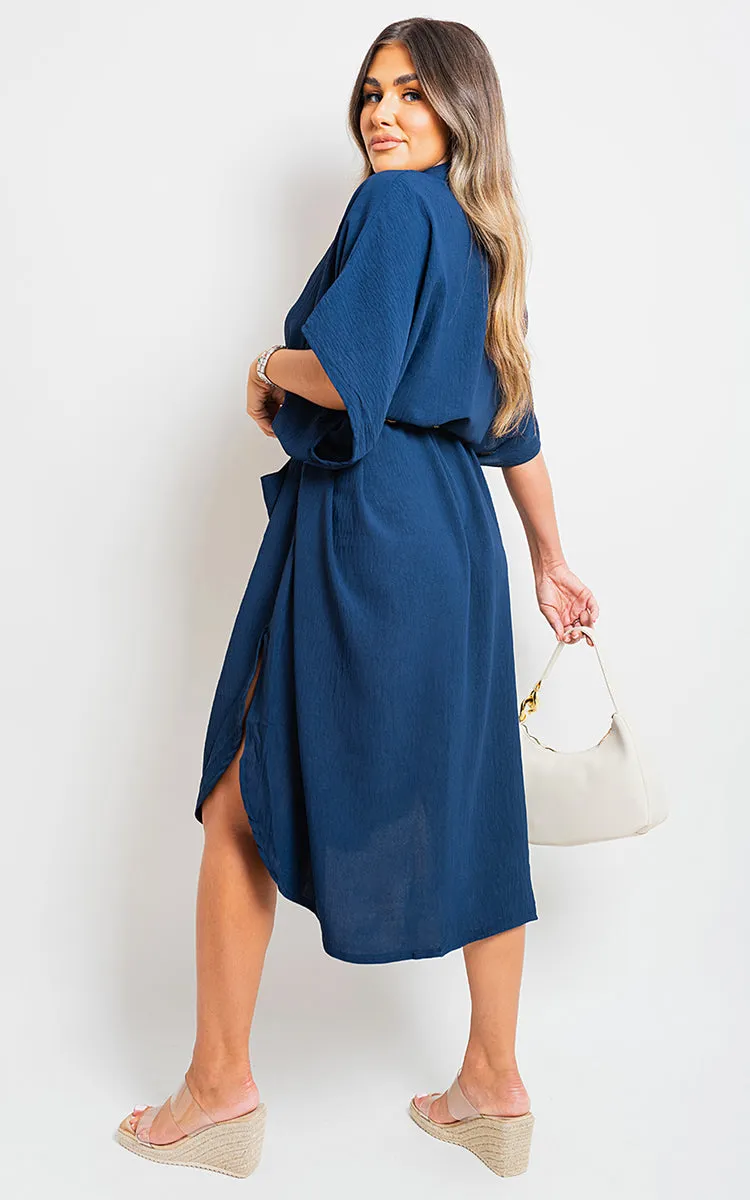 Button Down Collared Midi Dress with Front Pockets