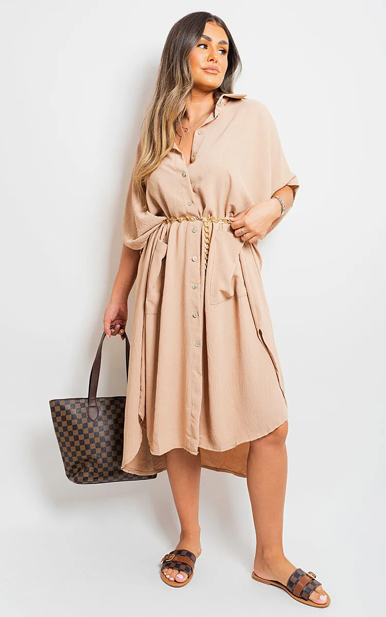 Button Down Collared Midi Dress with Front Pockets