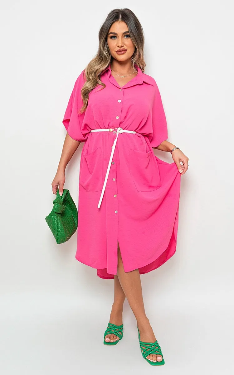 Button Down Collared Midi Dress with Front Pockets