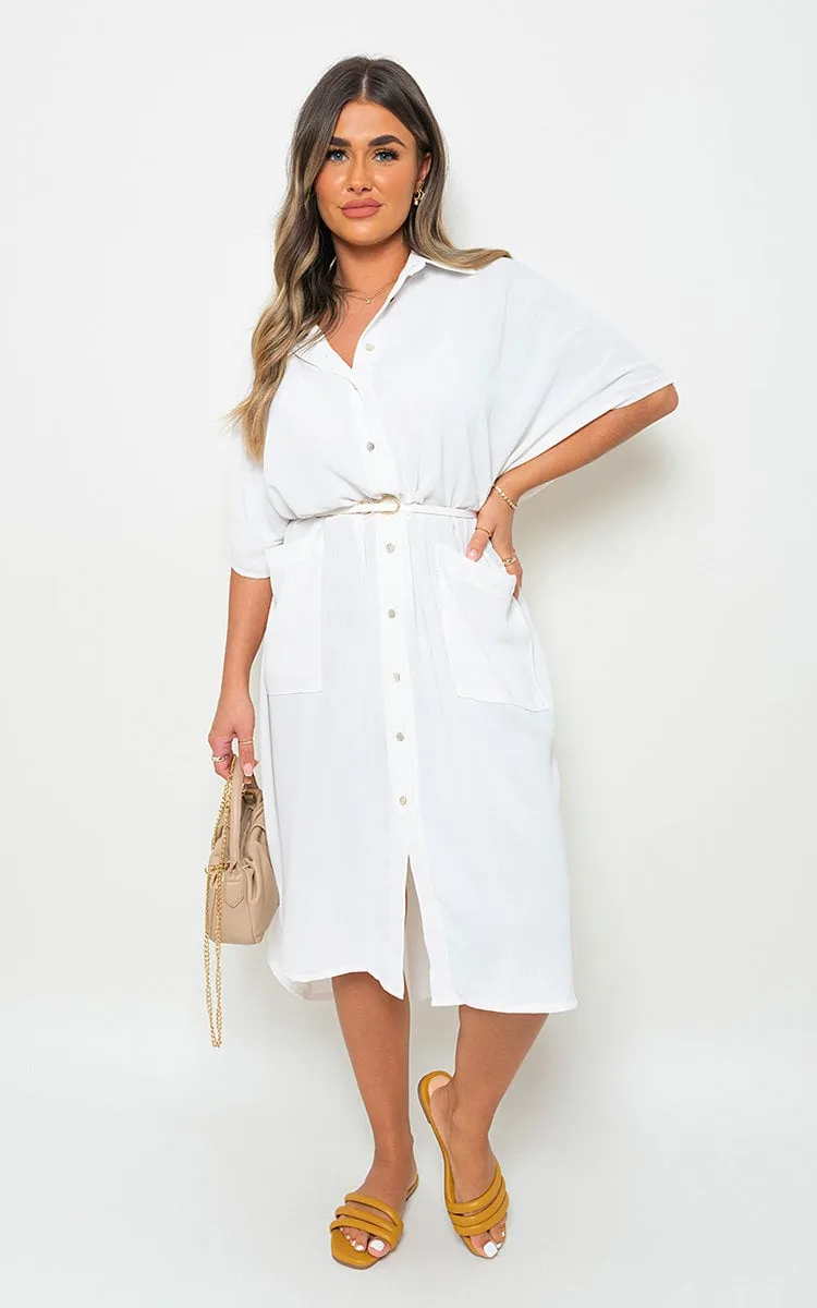 Button Down Collared Midi Dress with Front Pockets