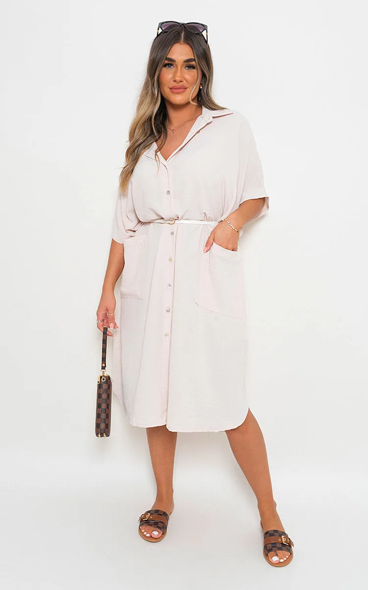 Button Down Collared Midi Dress with Front Pockets