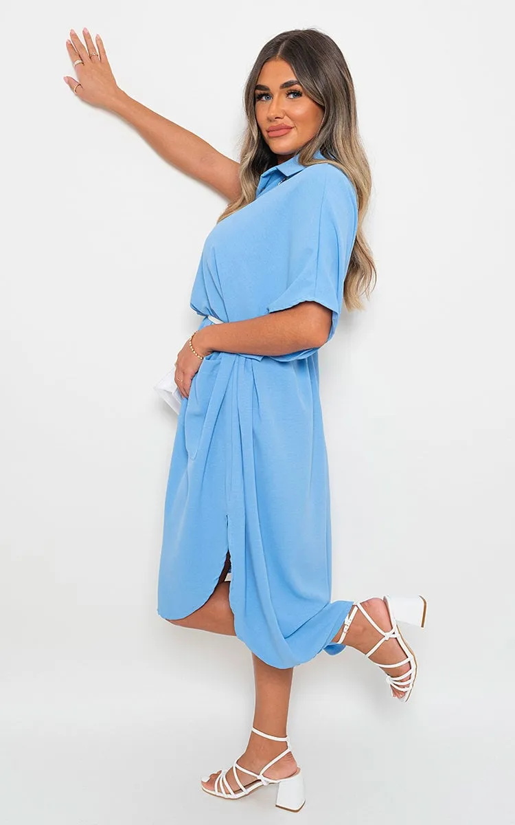 Button Down Collared Midi Dress with Front Pockets