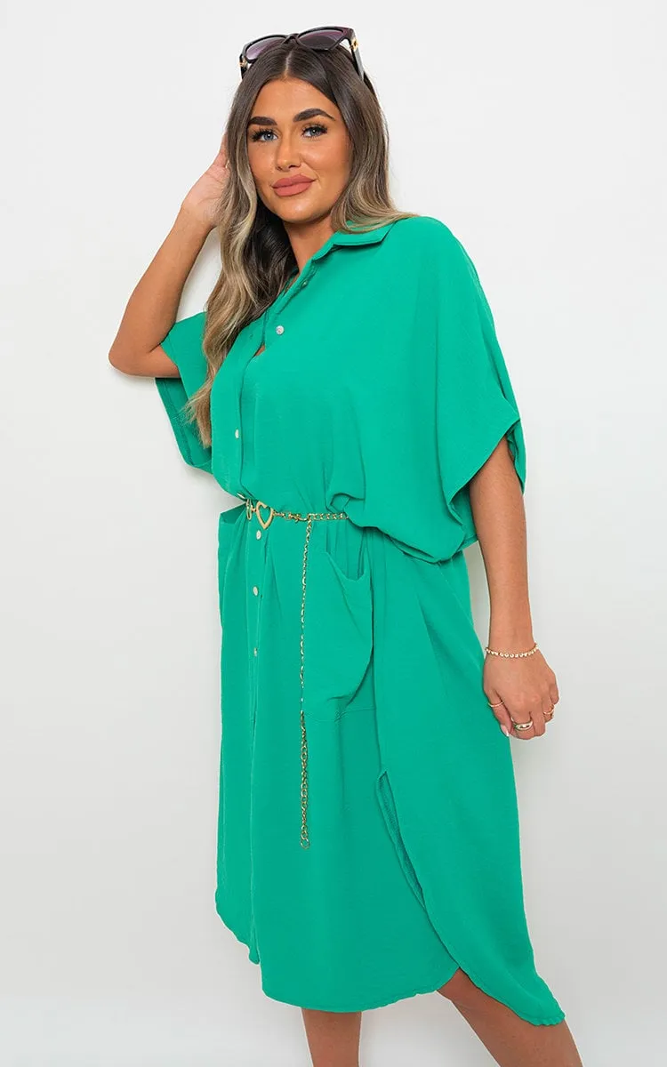 Button Down Collared Midi Dress with Front Pockets