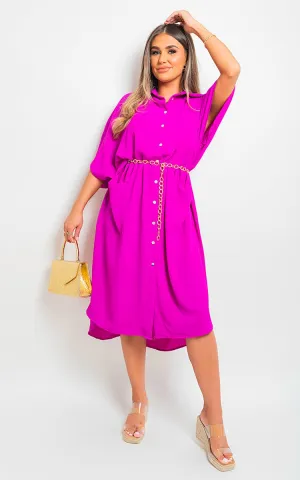 Button Down Collared Midi Dress with Front Pockets