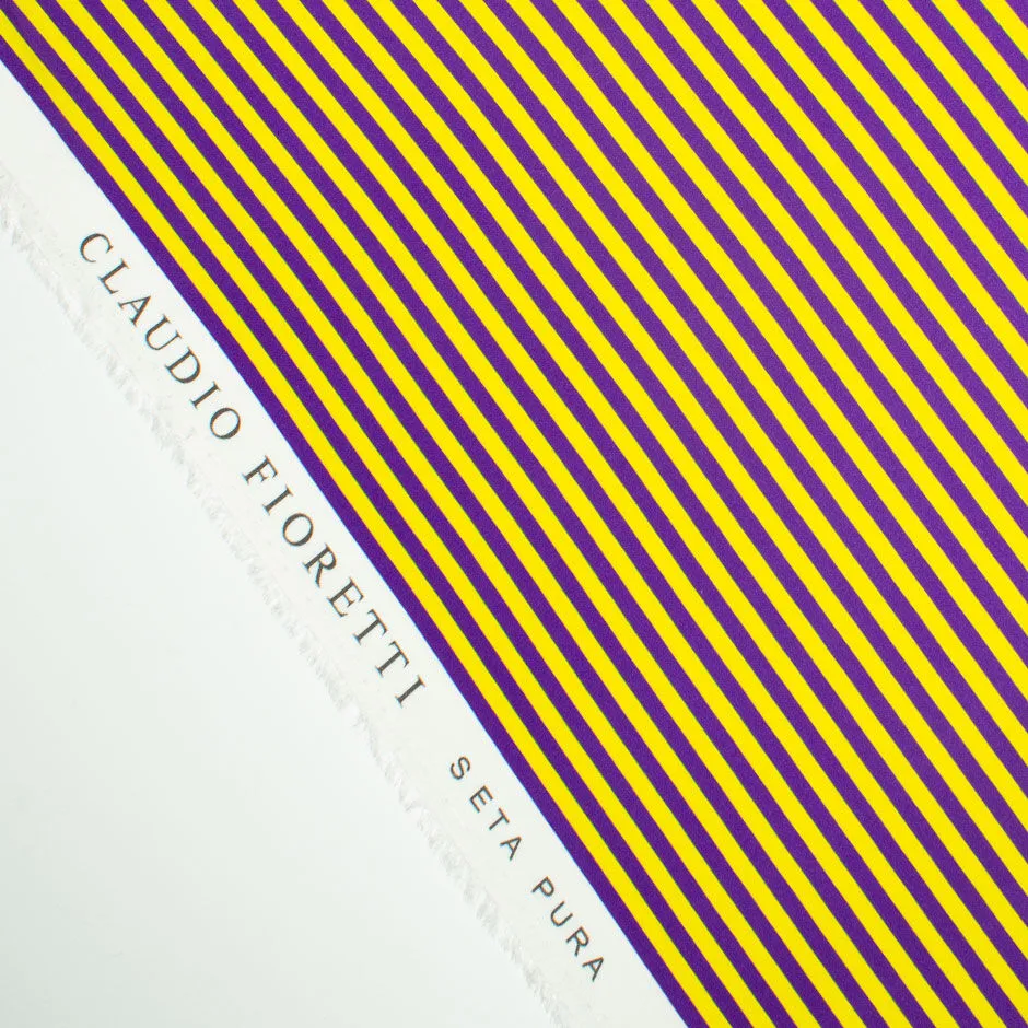 Canary Yellow & Purple Striped Reverse Pure Silk Satin