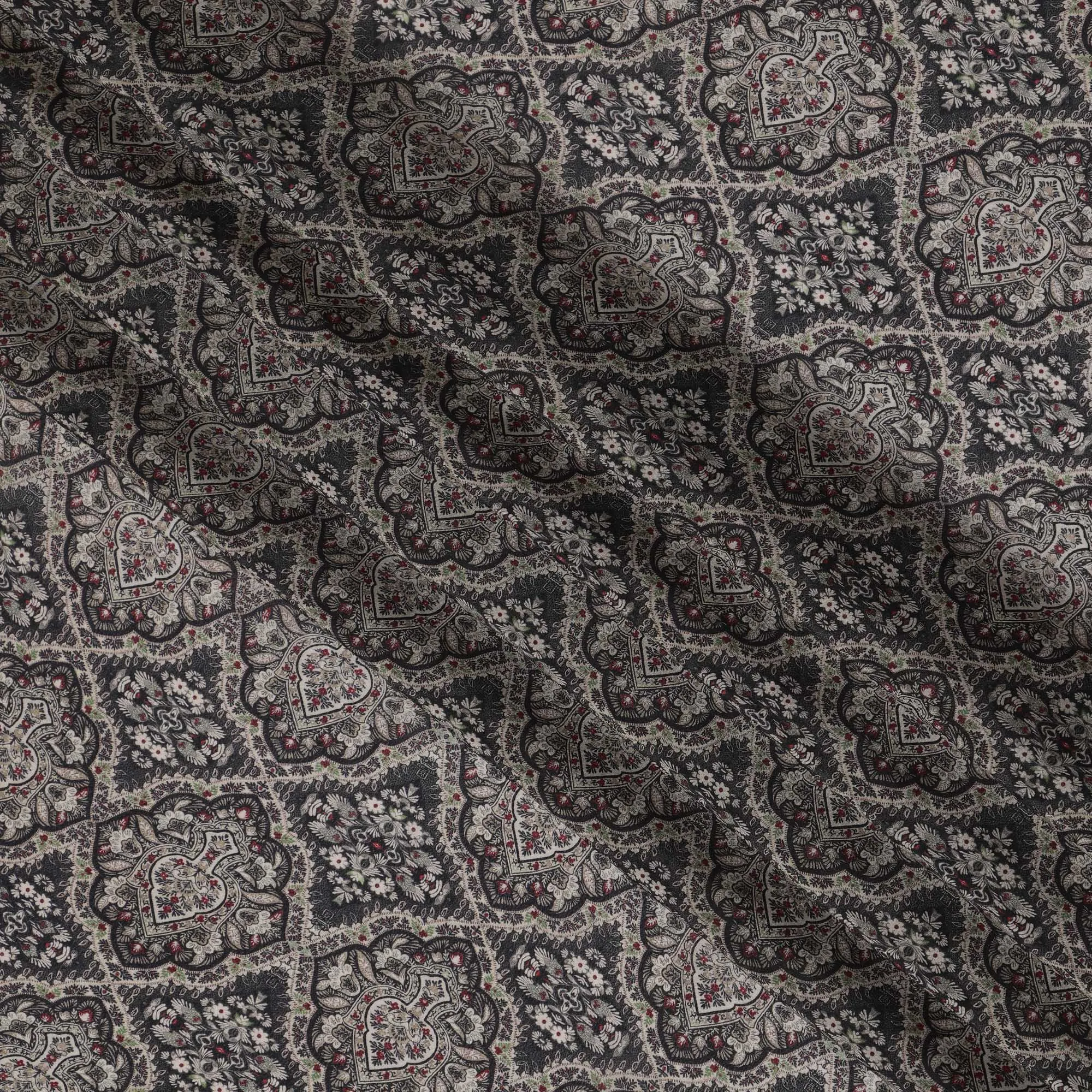 Charcoal Black Viscose Digital Printed Fabric with Paisley Floral Motifs, 110 cm Width-D21294