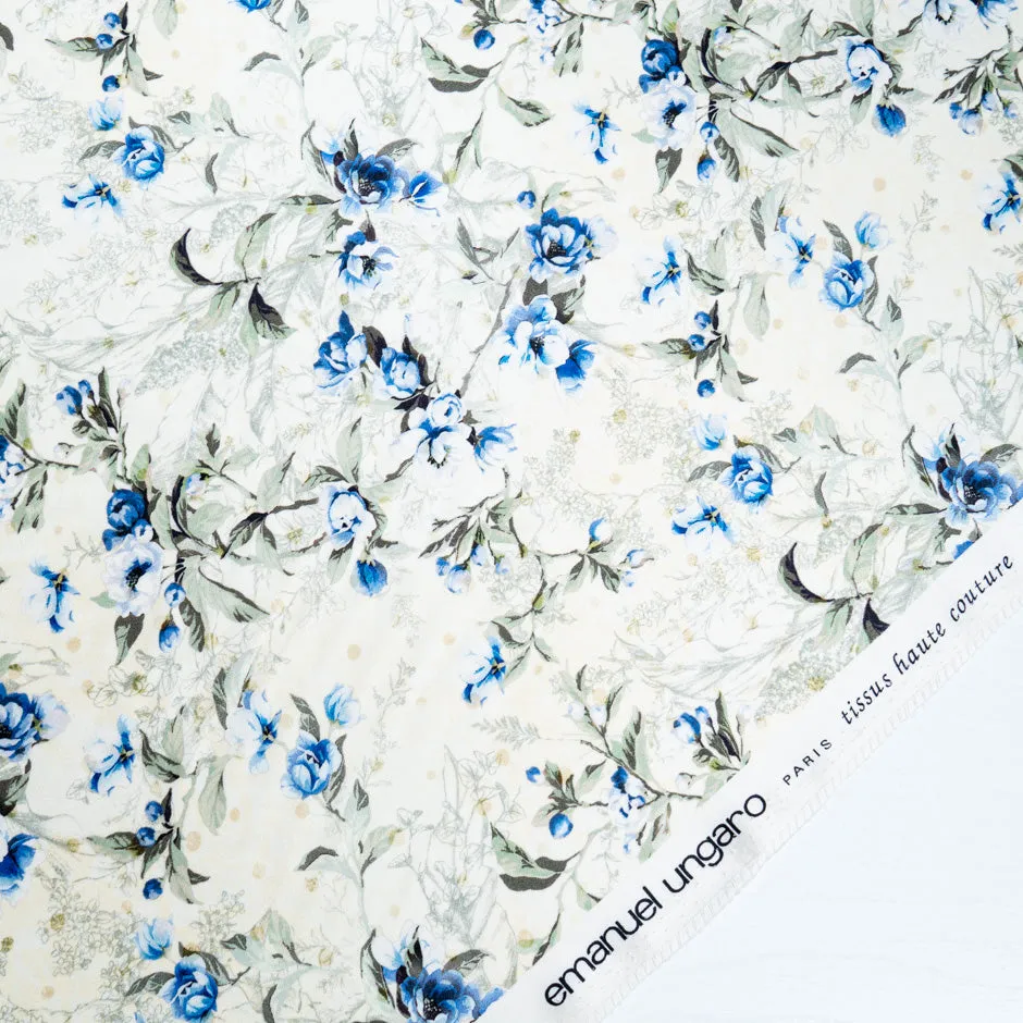 Cobalt Blue Floral Printed Cream Double Silk Crêpe