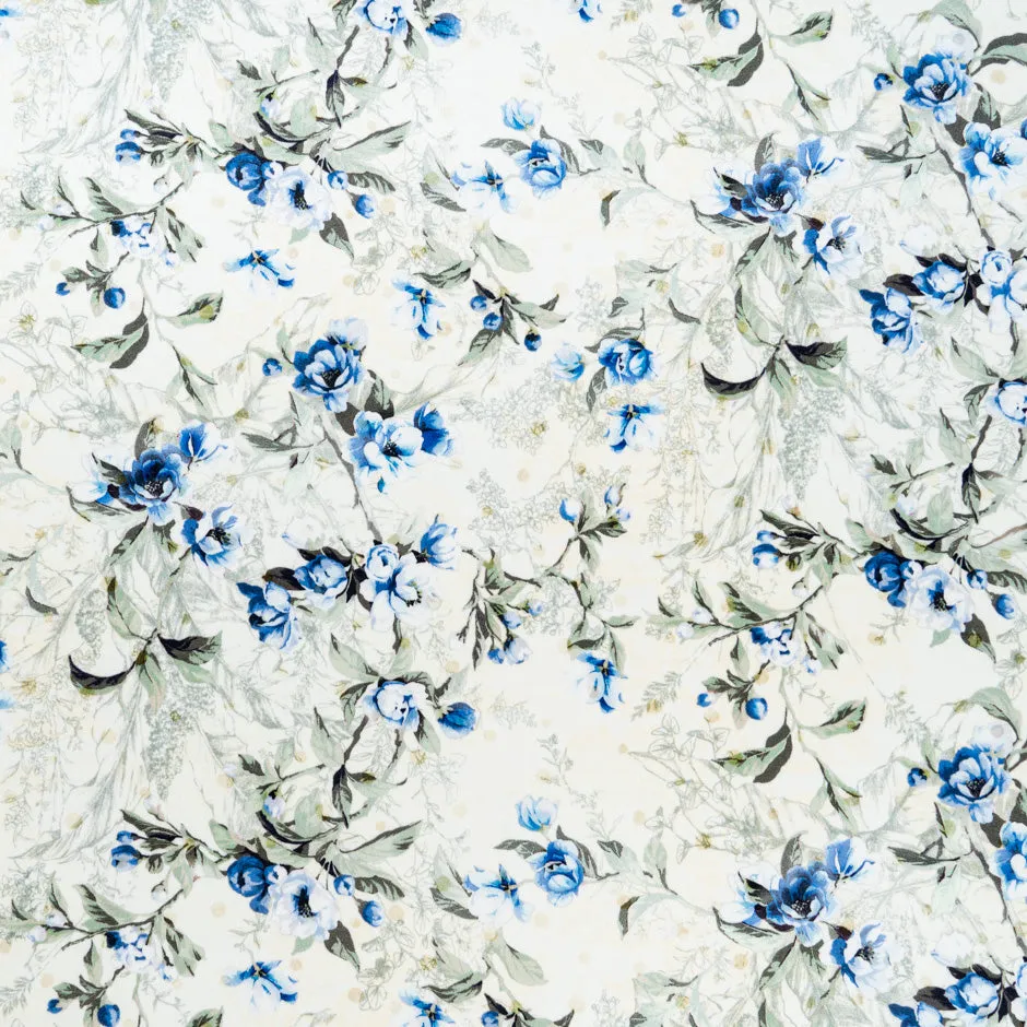 Cobalt Blue Floral Printed Cream Double Silk Crêpe