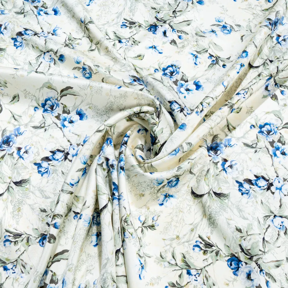 Cobalt Blue Floral Printed Cream Double Silk Crêpe