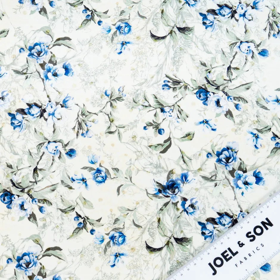 Cobalt Blue Floral Printed Cream Double Silk Crêpe