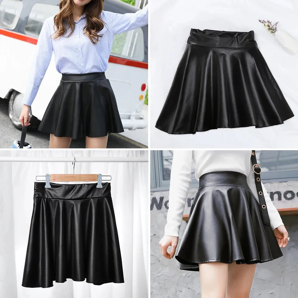 Elastic High Waist Faux Leather Skater Trendy Comfortable Stylish Chic Mini Skirt