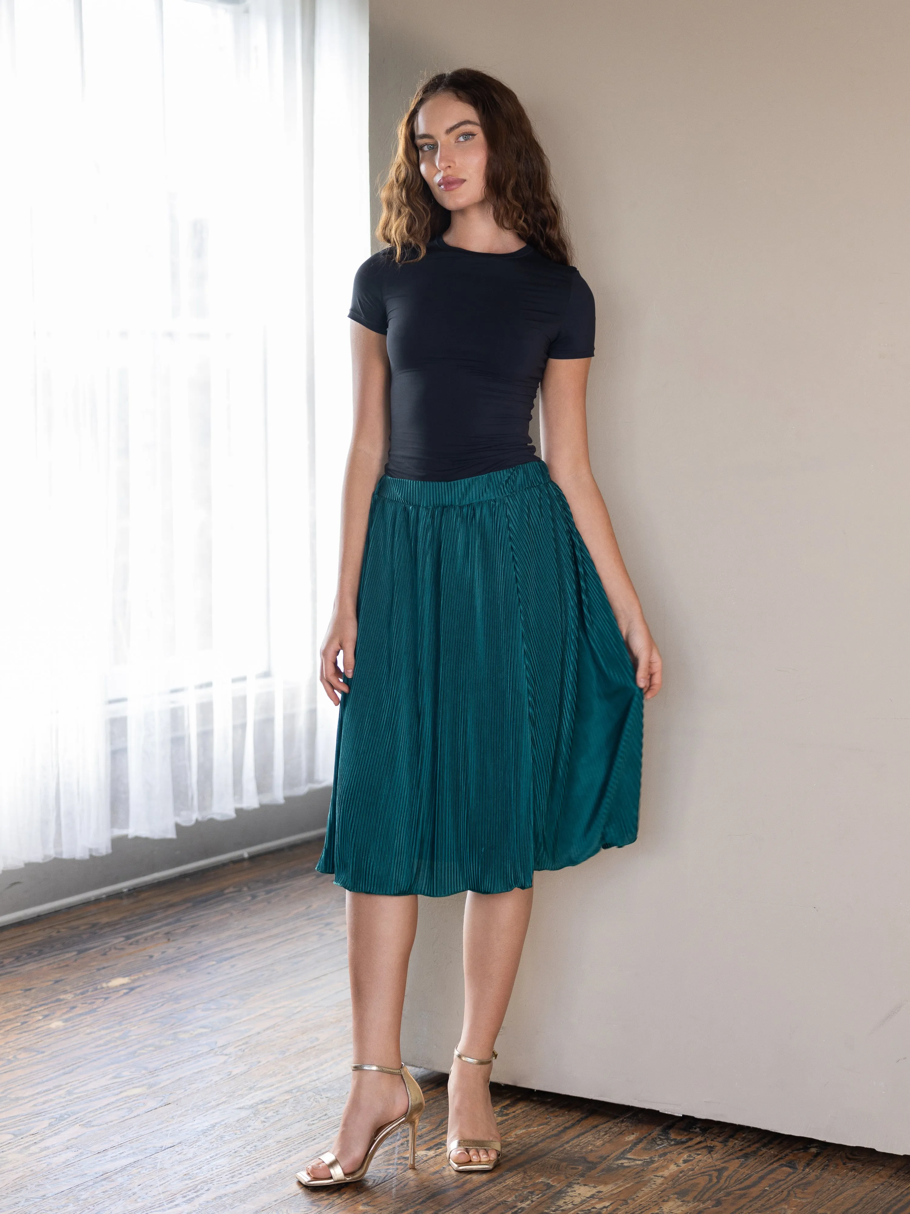 Elegant Accordion Pleated Elastic Waistband Party Midi Skirt