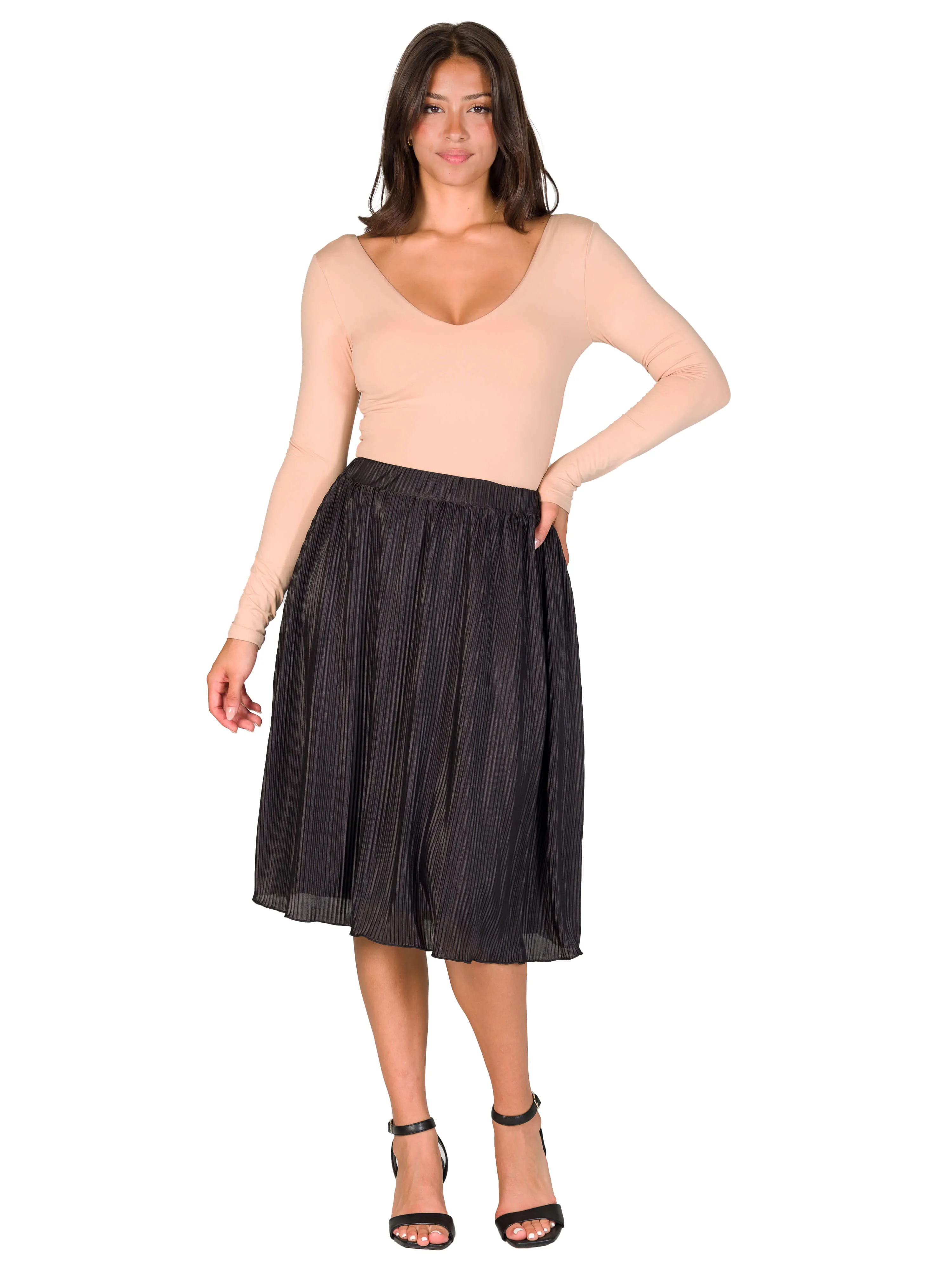 Elegant Accordion Pleated Elastic Waistband Party Midi Skirt