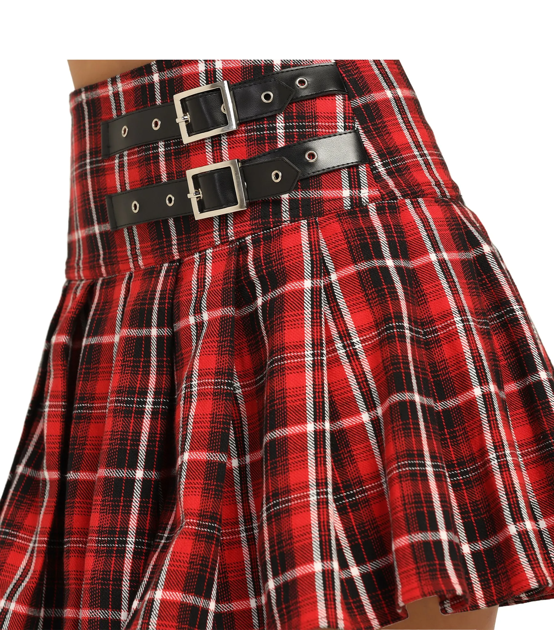 Fashionable Black/Red Tartan Mini Skirt With Adjustable Leather Strap