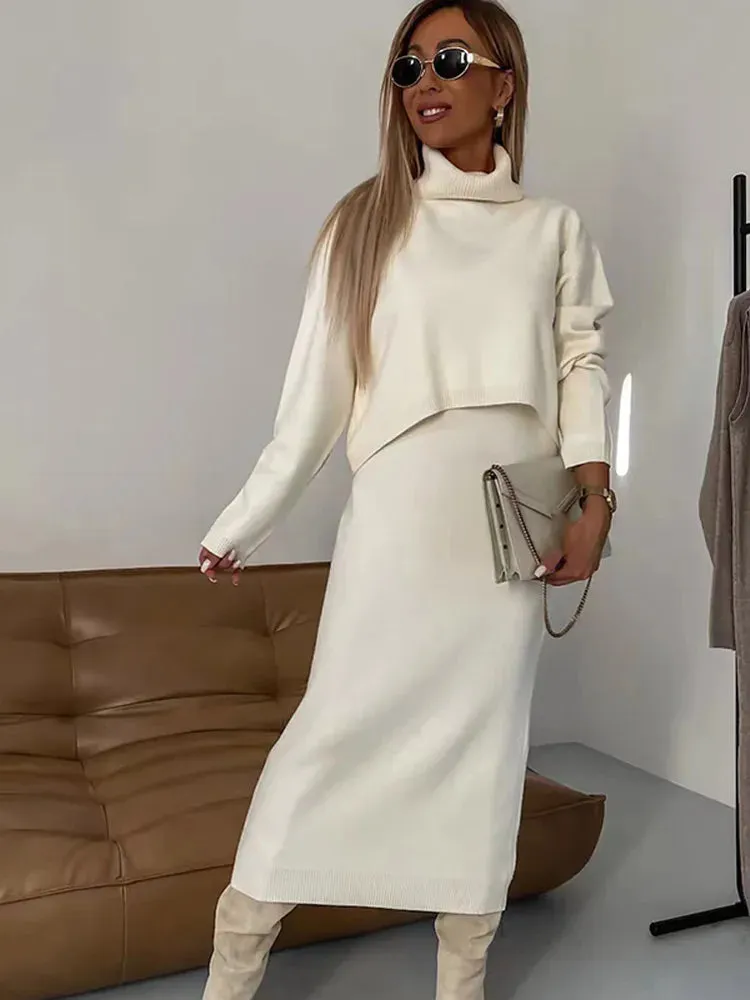 Flytonn-Christmas Thanksgiving Gift New Year's Eve Casual Outfits 2024 Fall Winter High Neck Solid Color Sweater Skirt Set Elegant Long Sleeve Casual Loose Skirts Suit New Woman Commuter Outfit