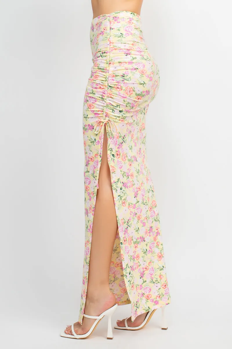 Front Knot Floral Top & Ruched Maxi Skirts Set