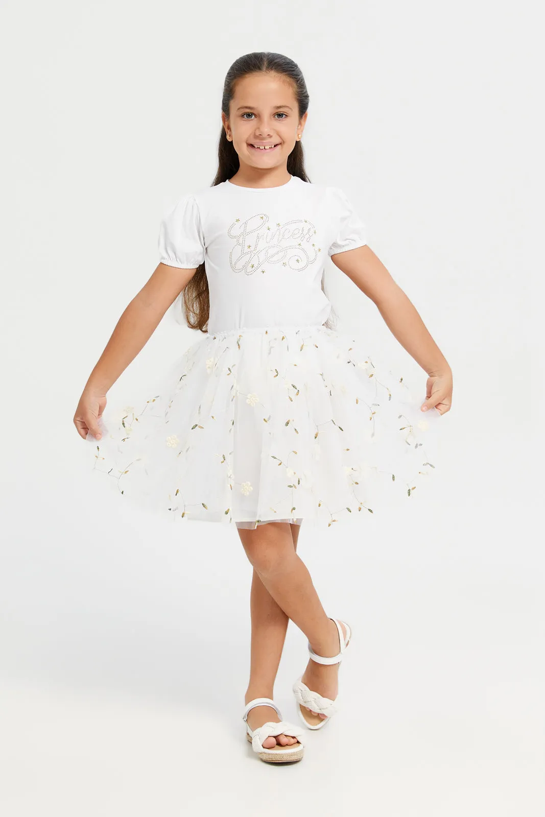 Girls White Floral Embroidered Skirt