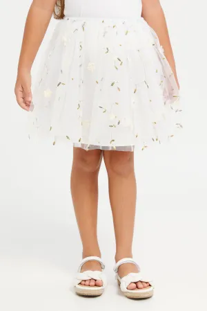 Girls White Floral Embroidered Skirt