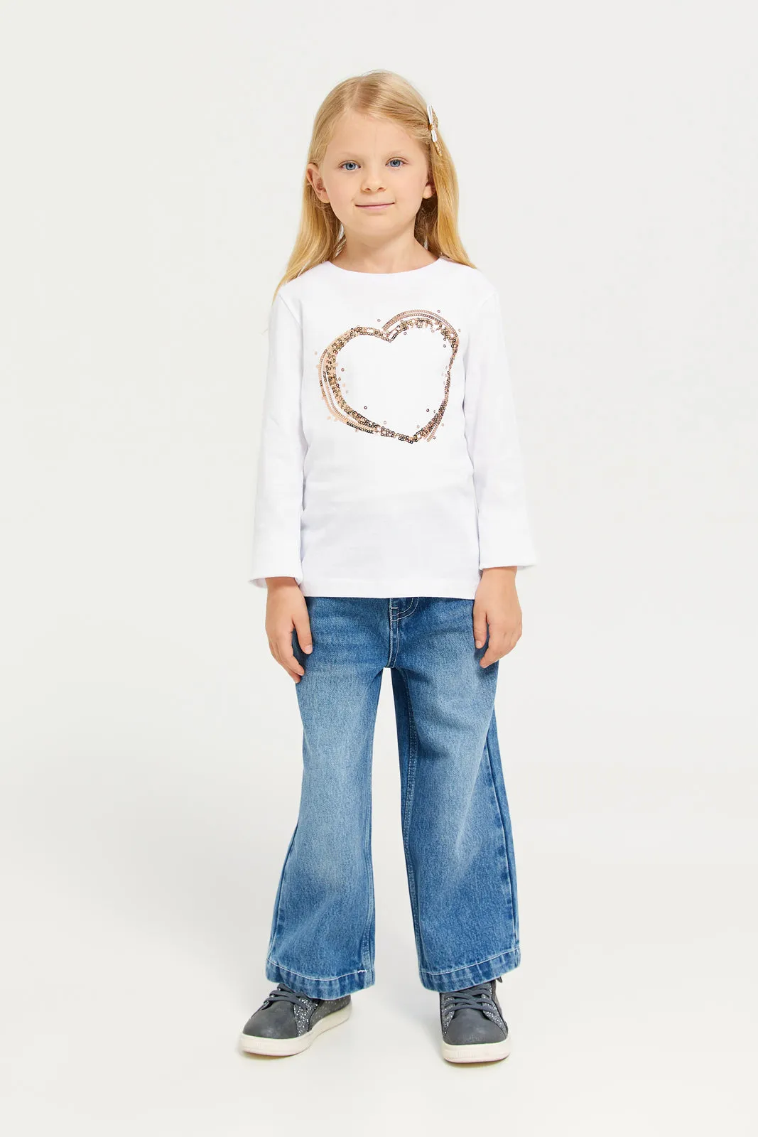 Girls White Heart Printed T-Shirt