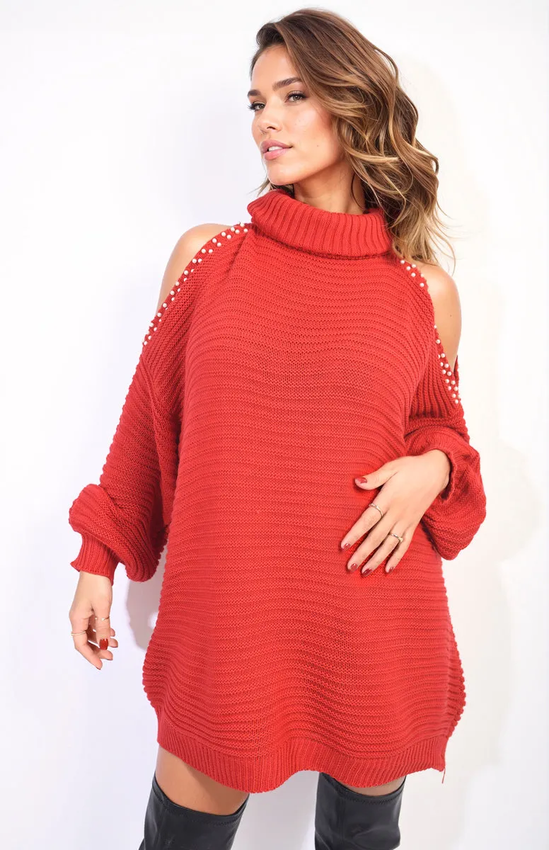 High Neck Oversized Open Shoulder Long Sleeve Knitted Jumper