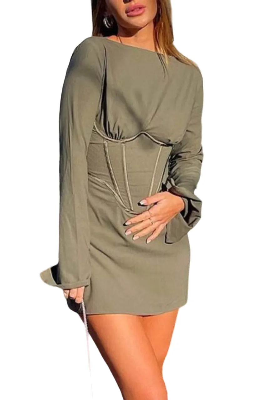 Kina - Green Round Neck Long Sleeve Tunic Dress