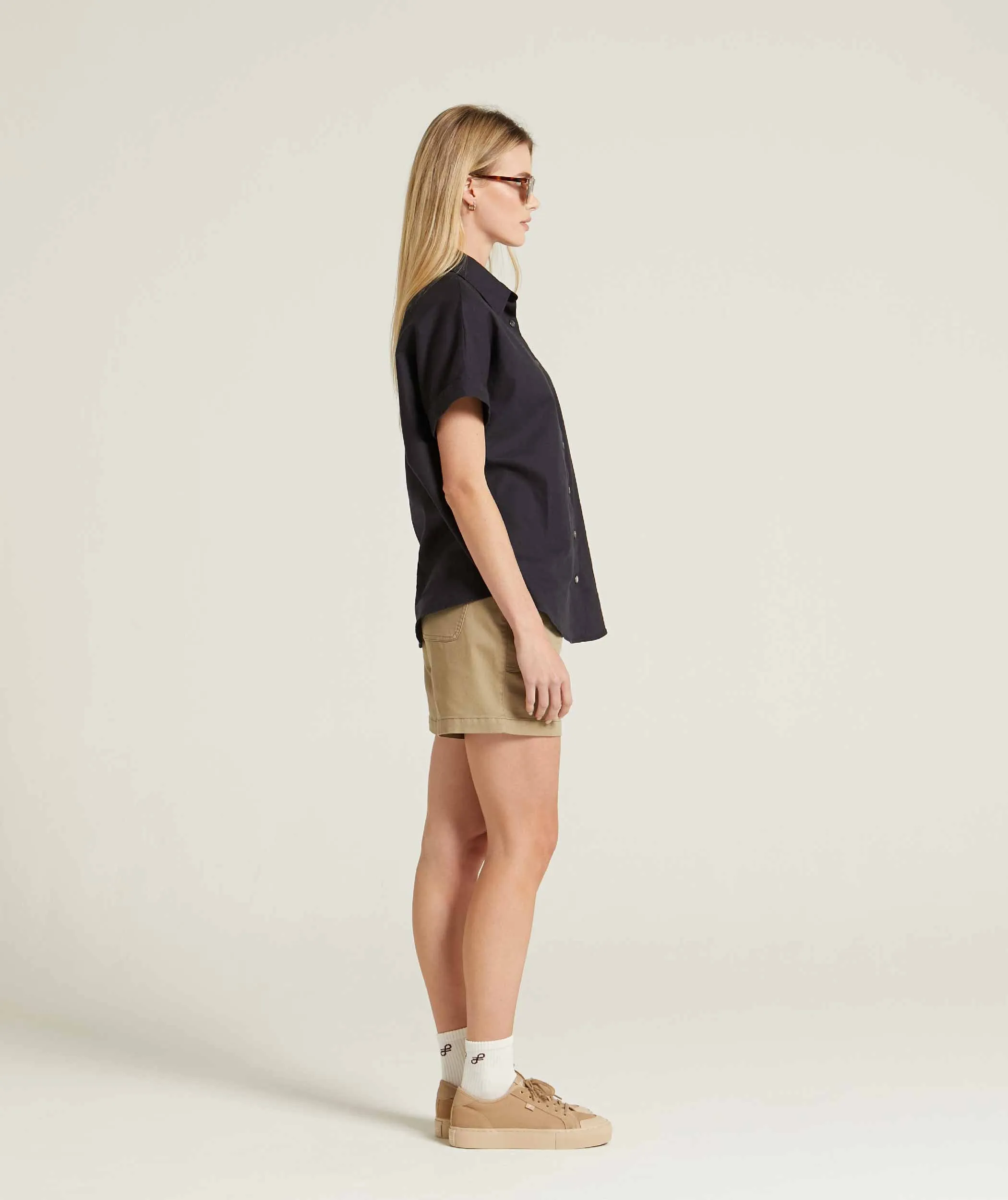 Ladies Short Sleeve Linen Blend Shirt - Navy