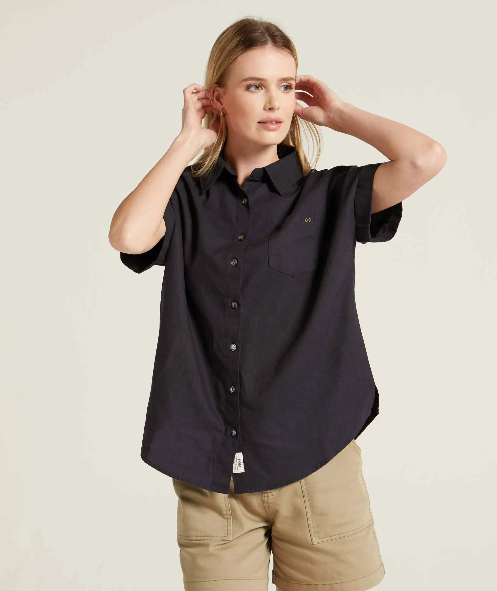 Ladies Short Sleeve Linen Blend Shirt - Navy