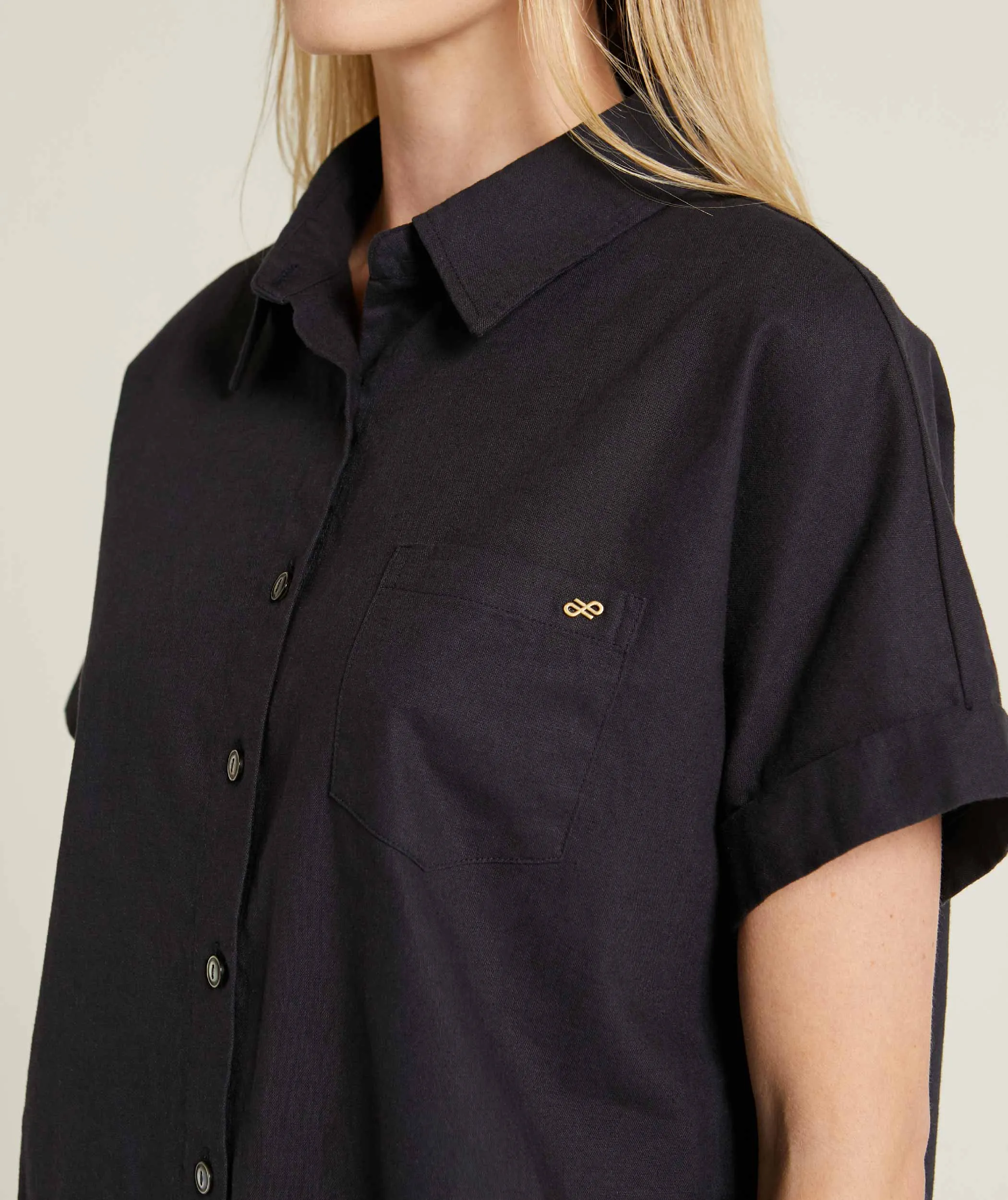 Ladies Short Sleeve Linen Blend Shirt - Navy