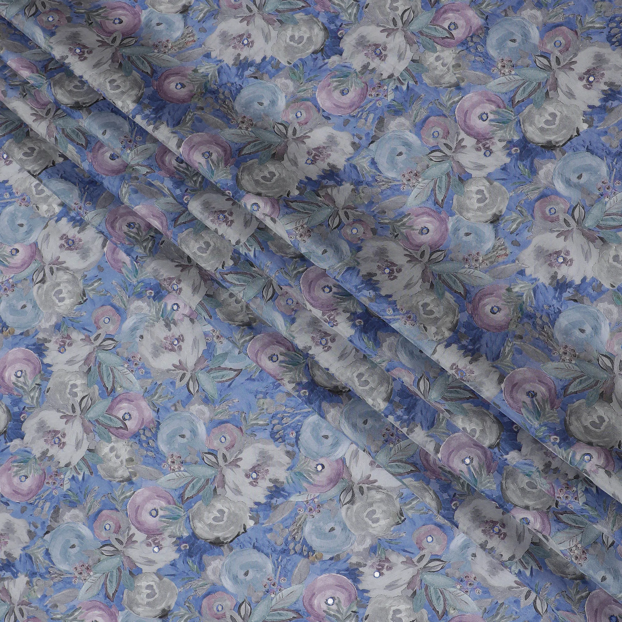 Lavender and Grey Floral Viscose Crepe Printed Fabric - 110 cm Wide-D20016