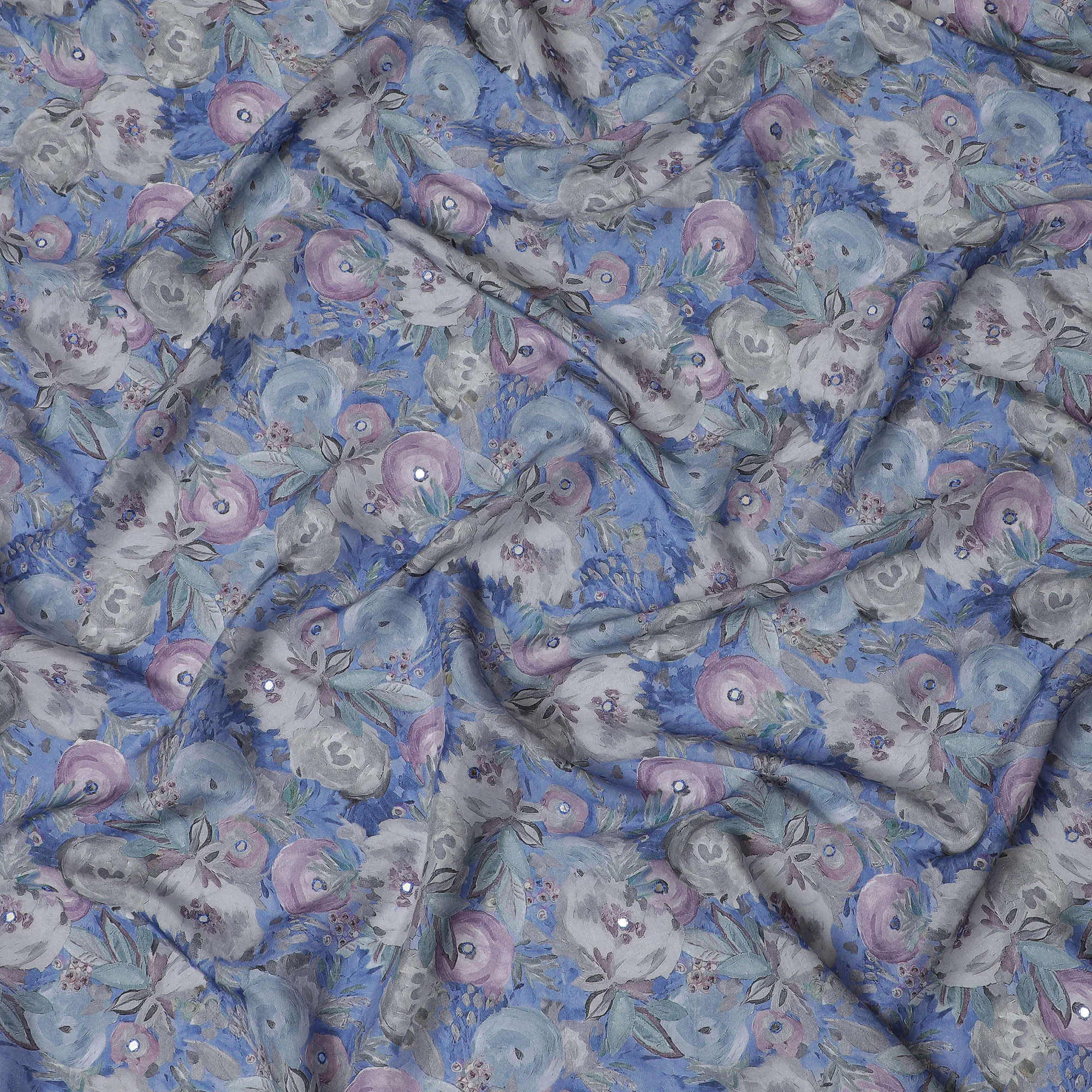 Lavender and Grey Floral Viscose Crepe Printed Fabric - 110 cm Wide-D20016