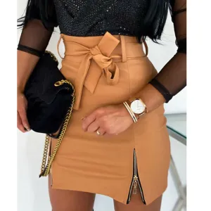 Leather Mini Bowtie Skirt w/ Slit Zipper