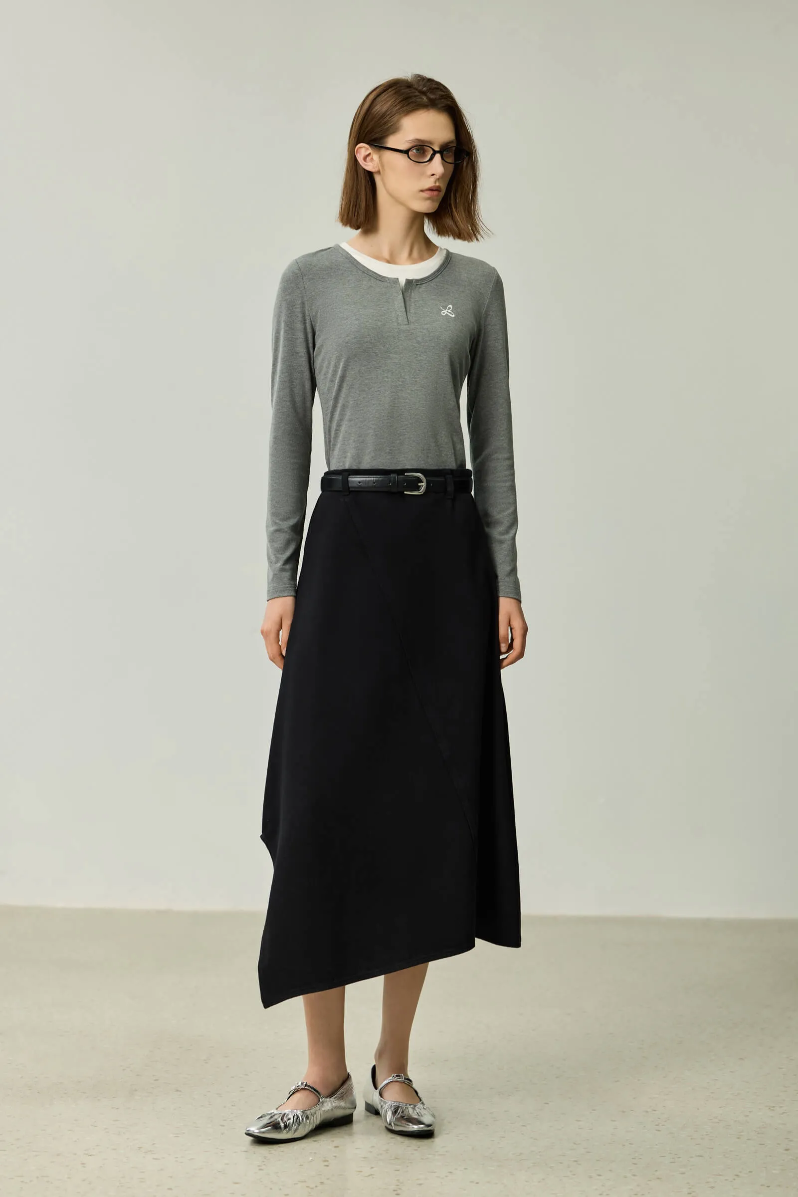 LILY Asymmetric Denim Midi Skirt