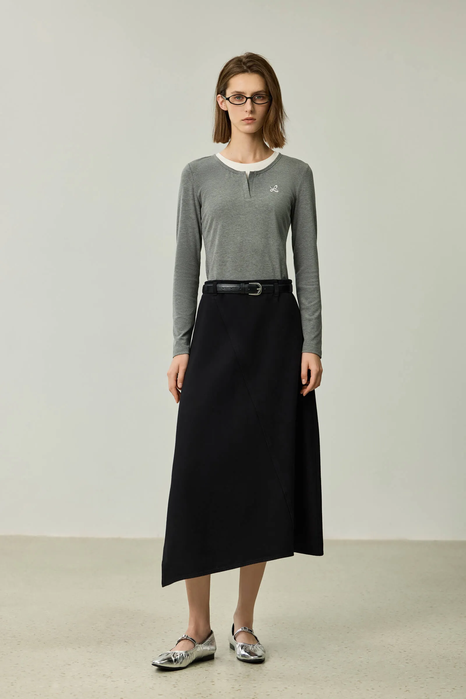 LILY Asymmetric Denim Midi Skirt